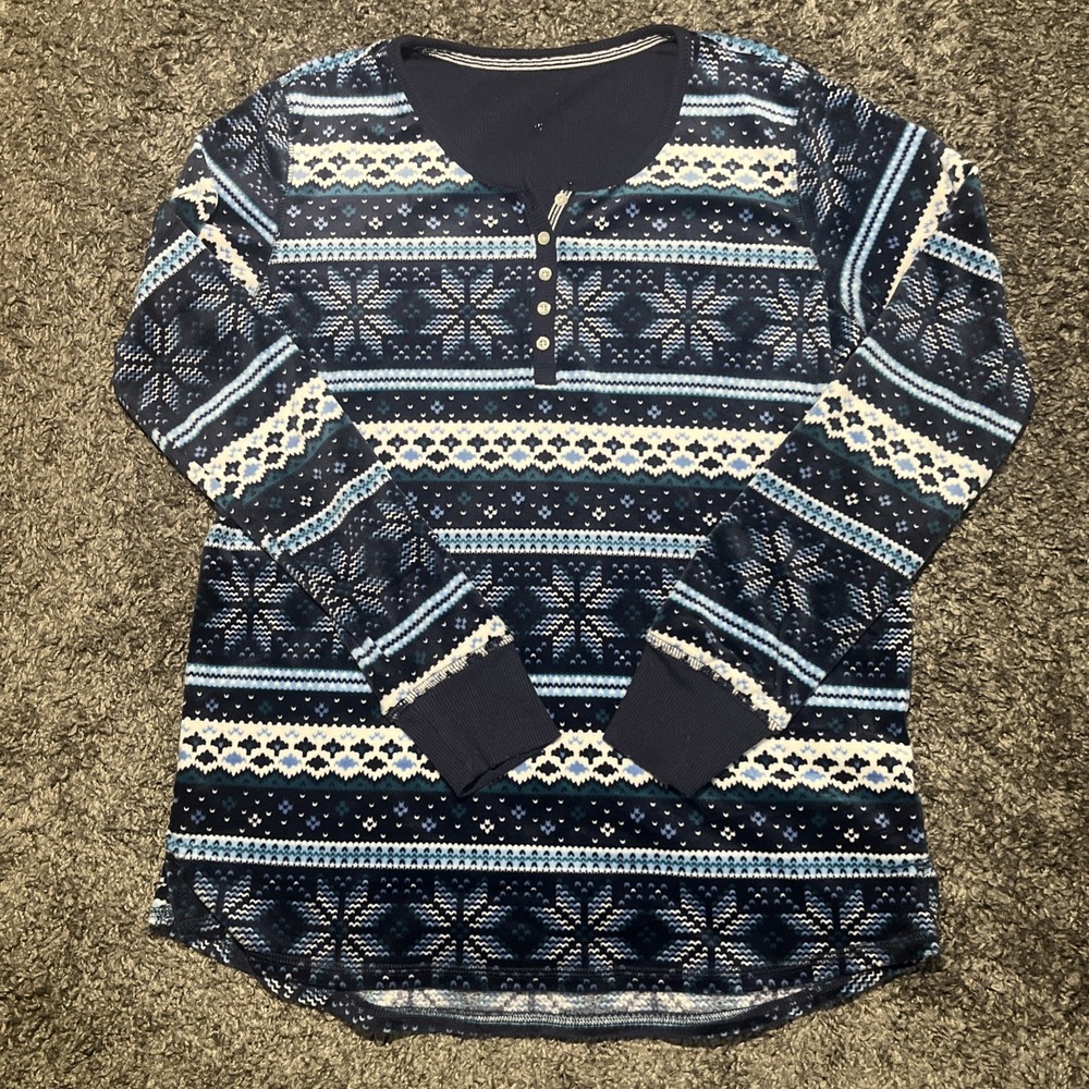 Nautica Fleece Blue White Snowflake 1/4 Button Pullover‎ Sleep Top Women's Small
